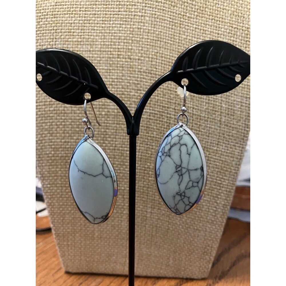 Faux Turquoise Dangle Earrings Silver Tone Oval Ethnic Native Tribal Southwest